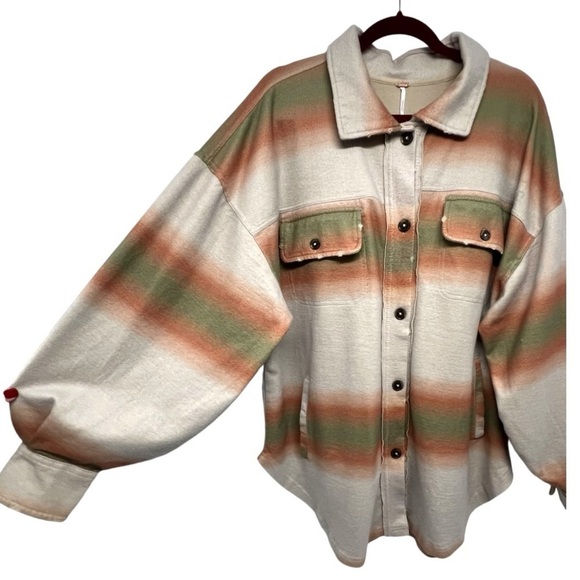 Free People Ruby Ombre Stripes Oversized Cotton Flannel Shacket Coat Women Large - Picture 6 of 13